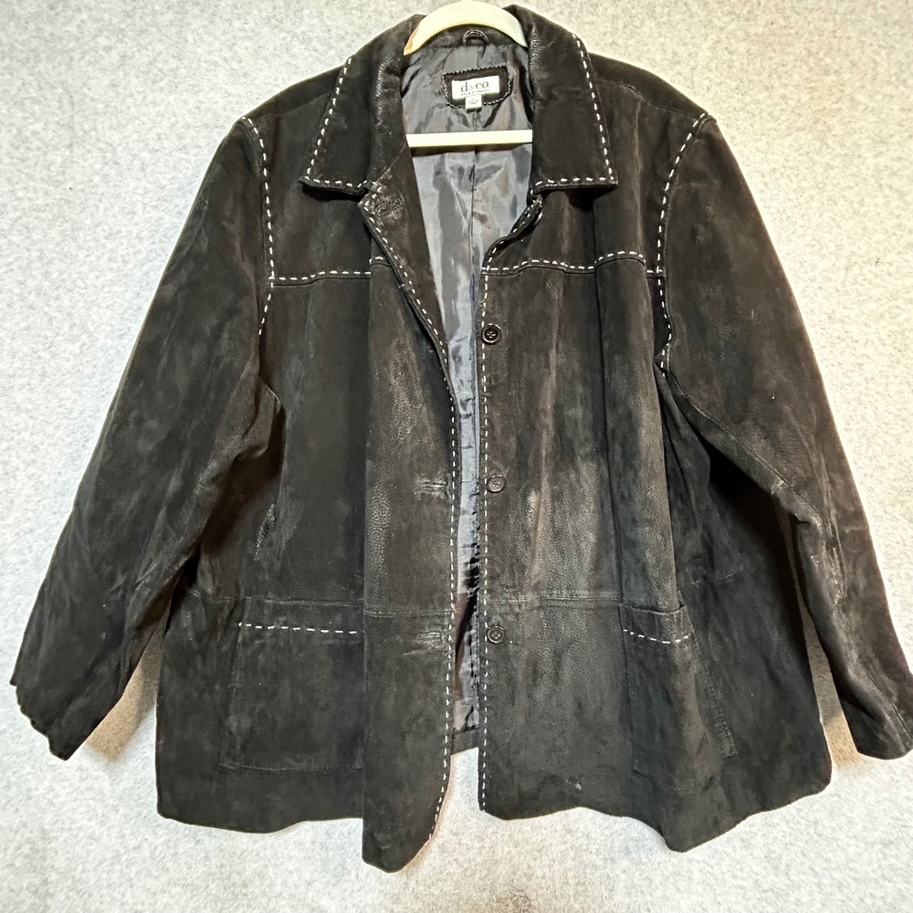 Denim & Co 3X Black Genuine nubuck Leather Jacket Contrast White Stitching lined